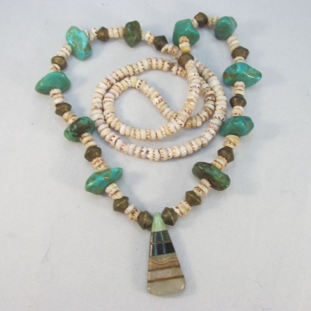 Southwestern Turquoise Nugget Brass Shell Pendant Necklace